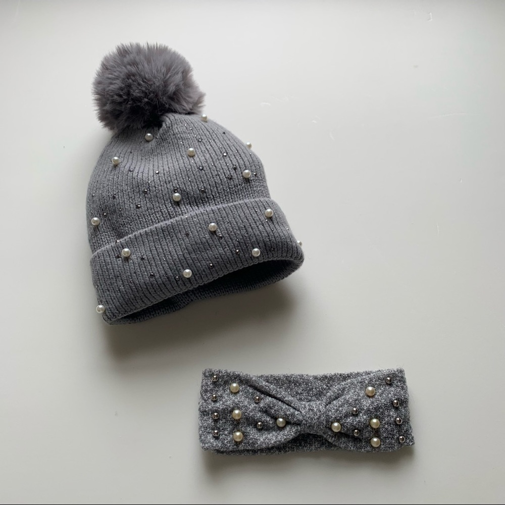 Boutique Gray, White & Silver Faux Pearl Women's Hat & Headband